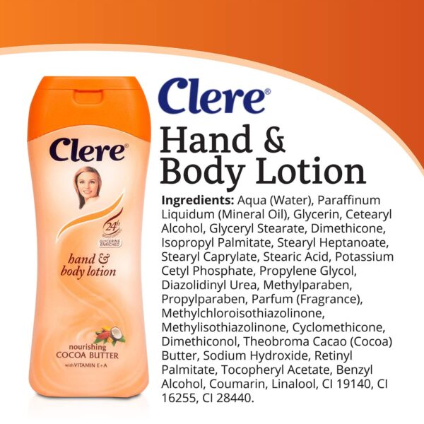 Clere Hand and Body Lotion, Nourishing Cocoa Butter With Glycerine and Vitamin E & A 400 ml 2